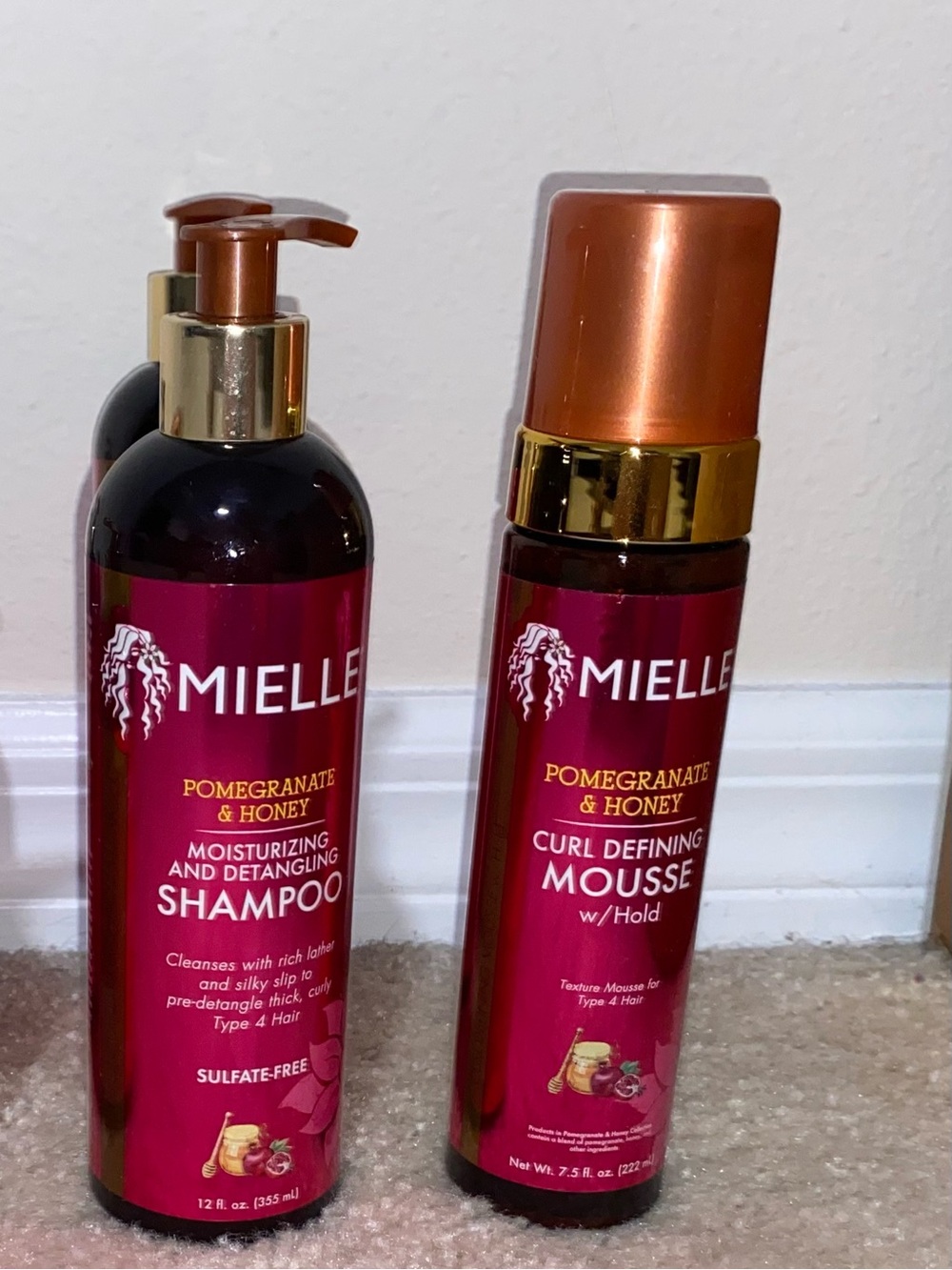 Mielle Pomegranate & Honey Curl Smoothie, Shampoo, & curl defining mousse.